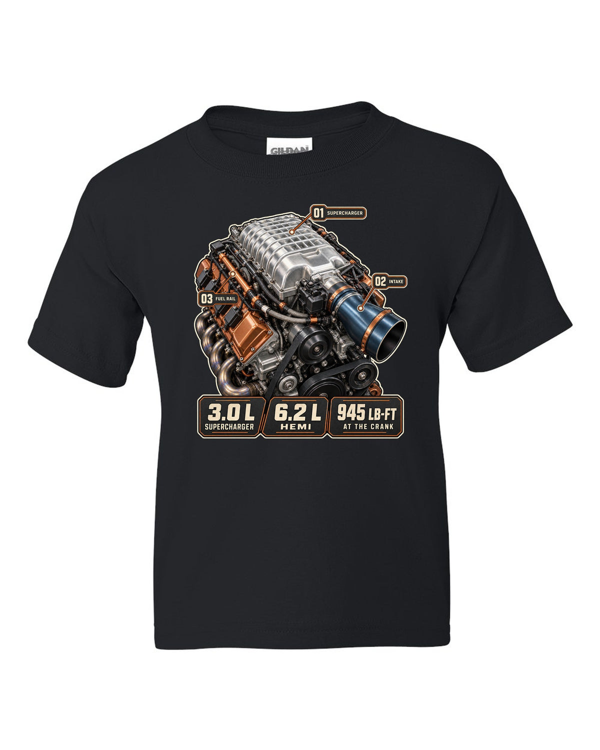 Dodge Challenger SRT Demon 170 supercharged Hemi engine hero print black kids tee front view with the design
