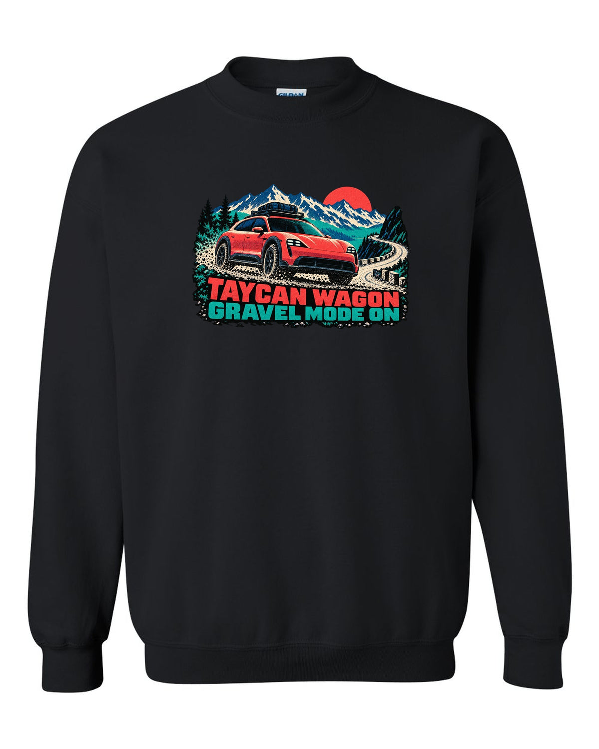 Porsche Taycan Cross Turismo Y1B risograph print with the text Taycan wagon gravel mode on black crewneck front view with the design