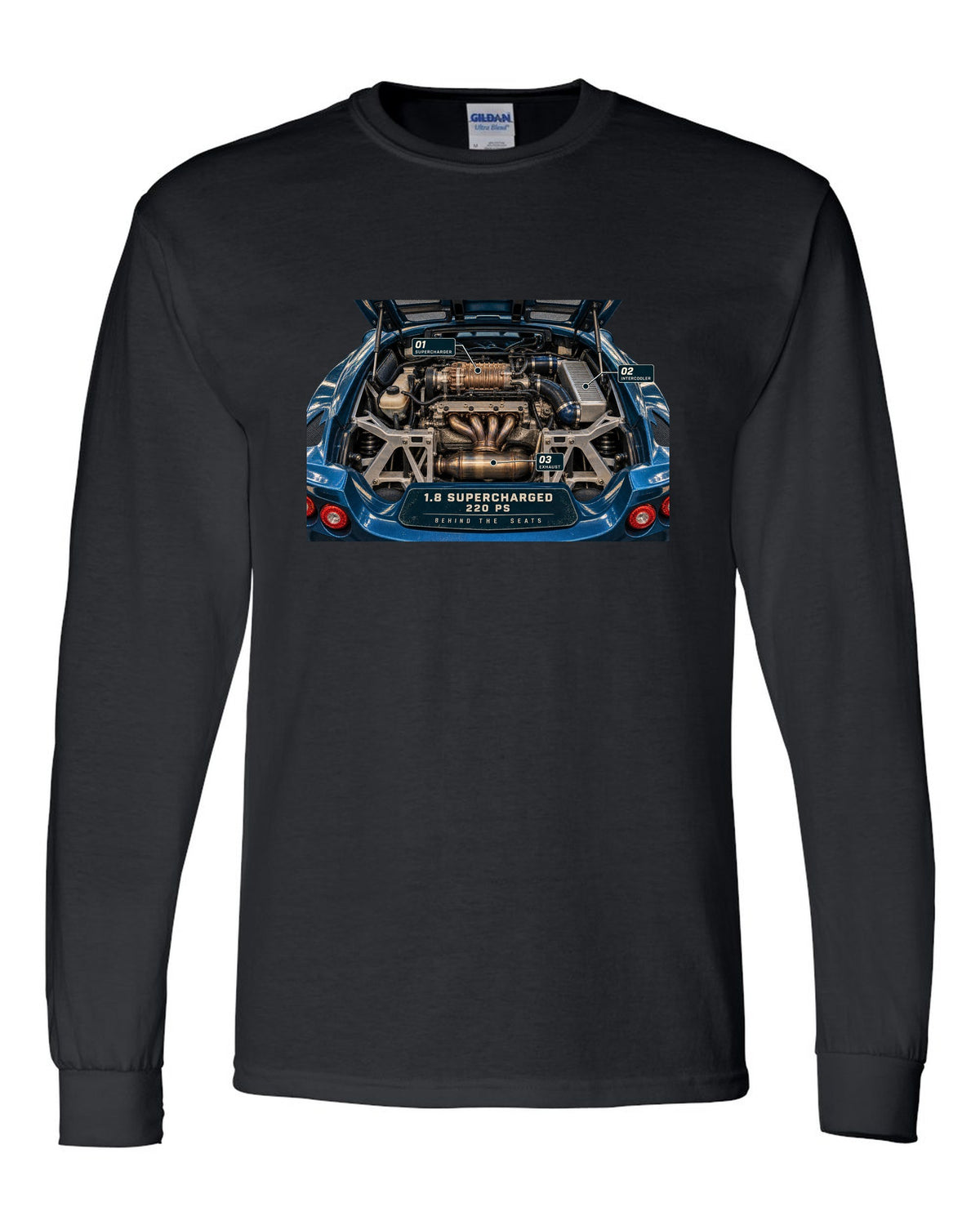 Lotus Exige S 2004 to 2011 supercharged four engine bay print with 1.8 supercharged 220 PS text black long sleeve front view with the design