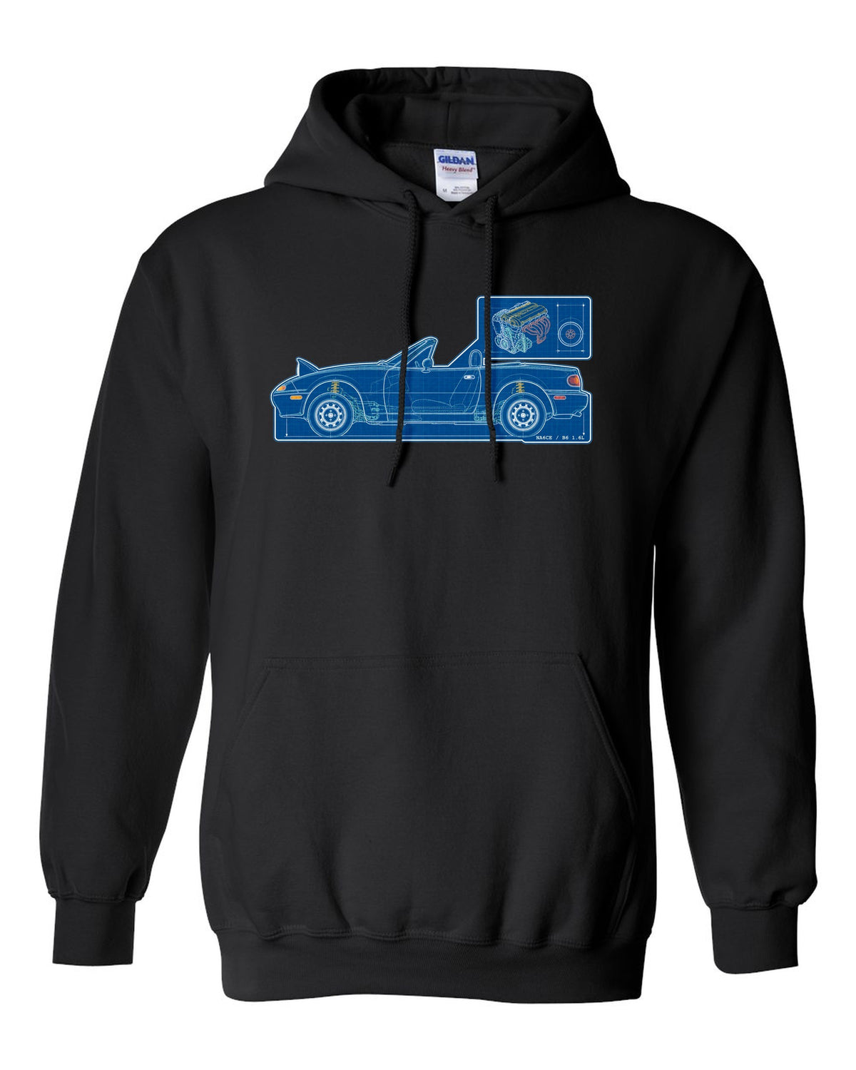Sticker-bomb collage of a Mazda MX-5 NC rear with MZR 2.0 167 HP text black pull over hoodie front view with the design
