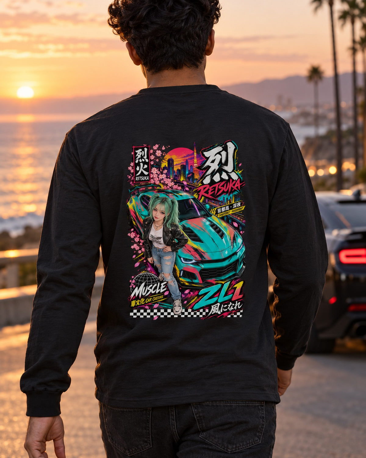 RETSUKA ZL1 Anime Girl Full-Back Graphic Tee Long Sleeve Black worn hero