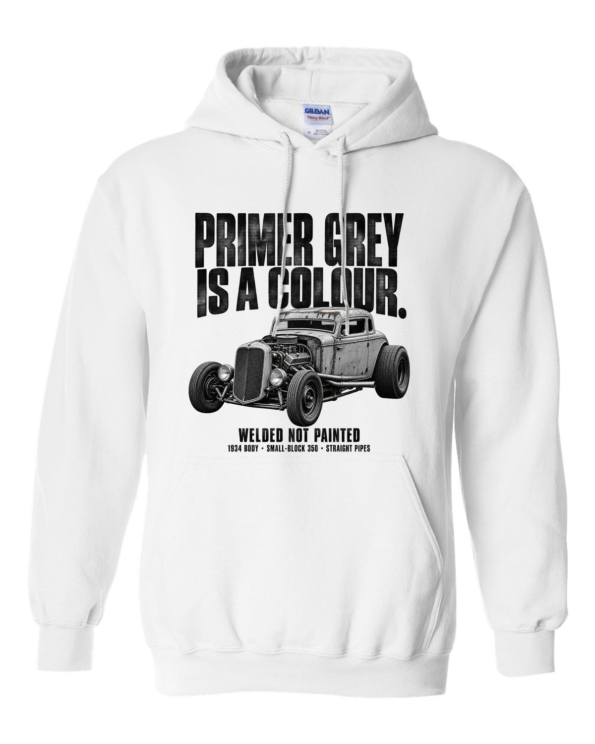 Halftone print of a primer grey 1934-style rat rod coupe white pull over hoodie front view with the design