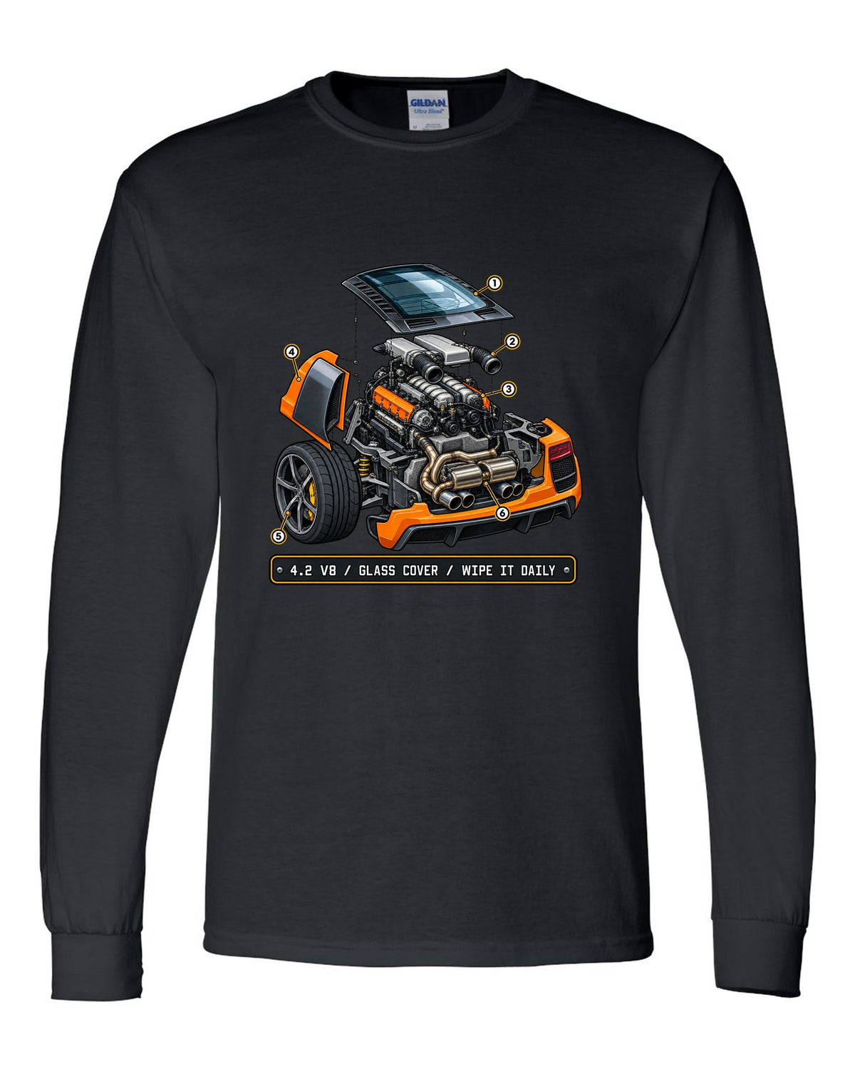 Isometric exploded view print of the Audi R8 Type 42 4.2 V8 with glass cover black long sleeve front view with the design