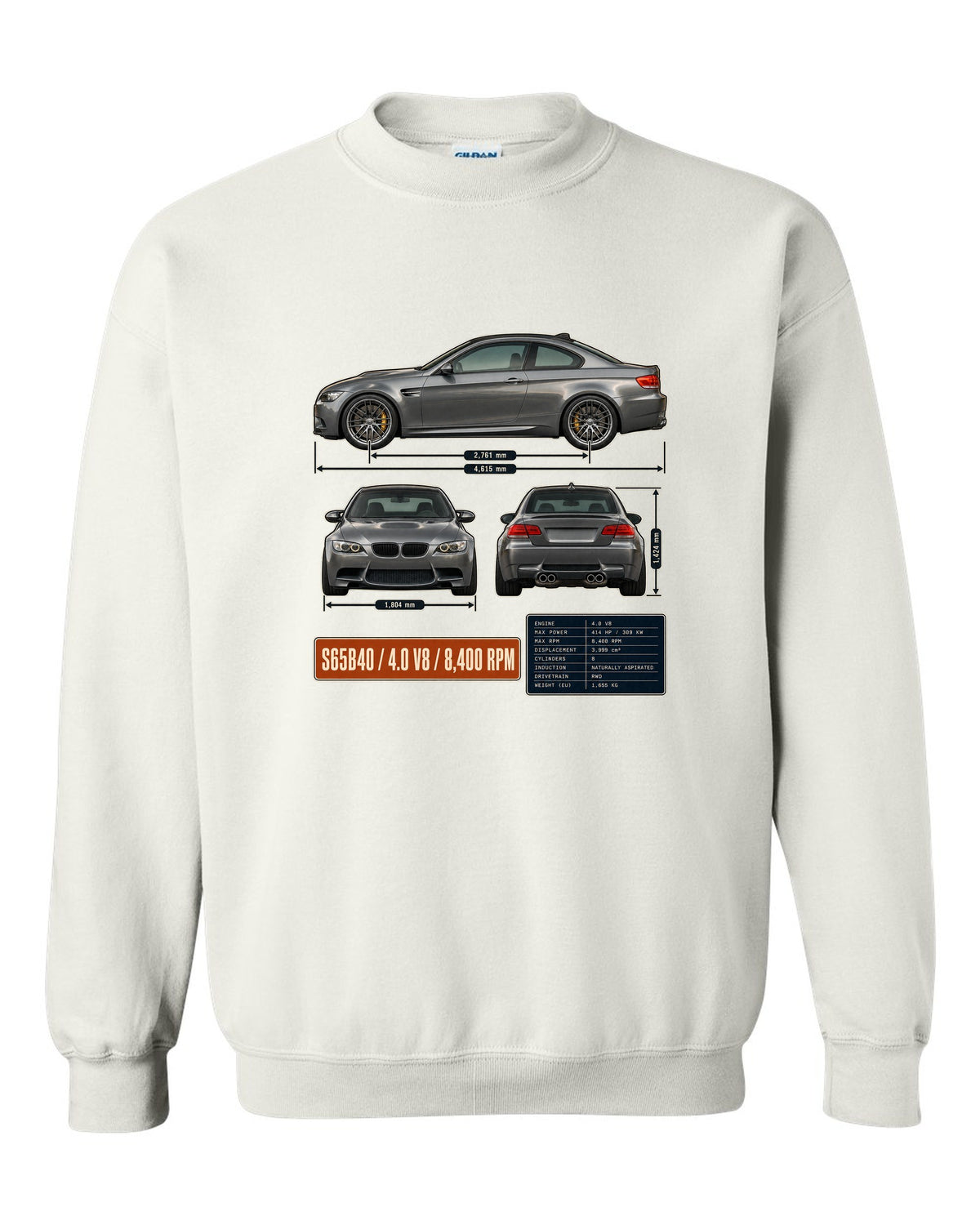 BMW M3 E92 coupe three-view drawing with S65 V8 spec table white crewneck front view with the design