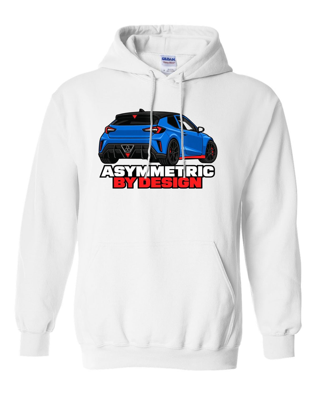 Hyundai Veloster N JS flat vector rear three-quarter print with asymmetric by design text white pull over hoodie front view with the design