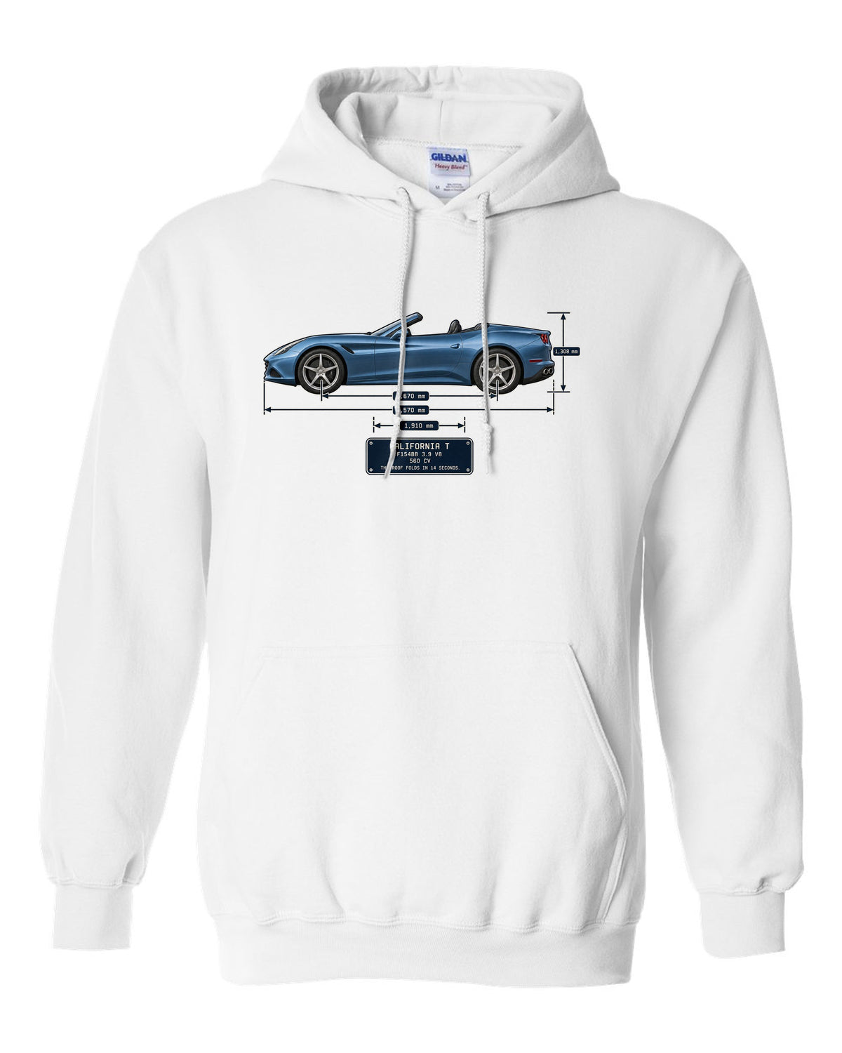 Dimension blueprint print of the Ferrari California T with roof folded white pull over hoodie front view with the design