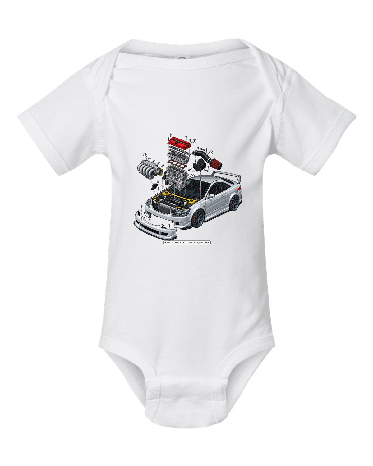 Exploded K20A engine diagram print of a 2002 Honda Integra DC5 ch with red cam cover text white baby onesie front view with the design