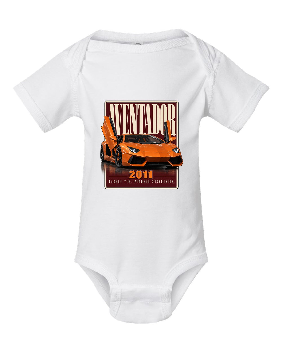 Editorial headline print of the Lamborghini Aventador LP700-4 white baby onesie front view with the design
