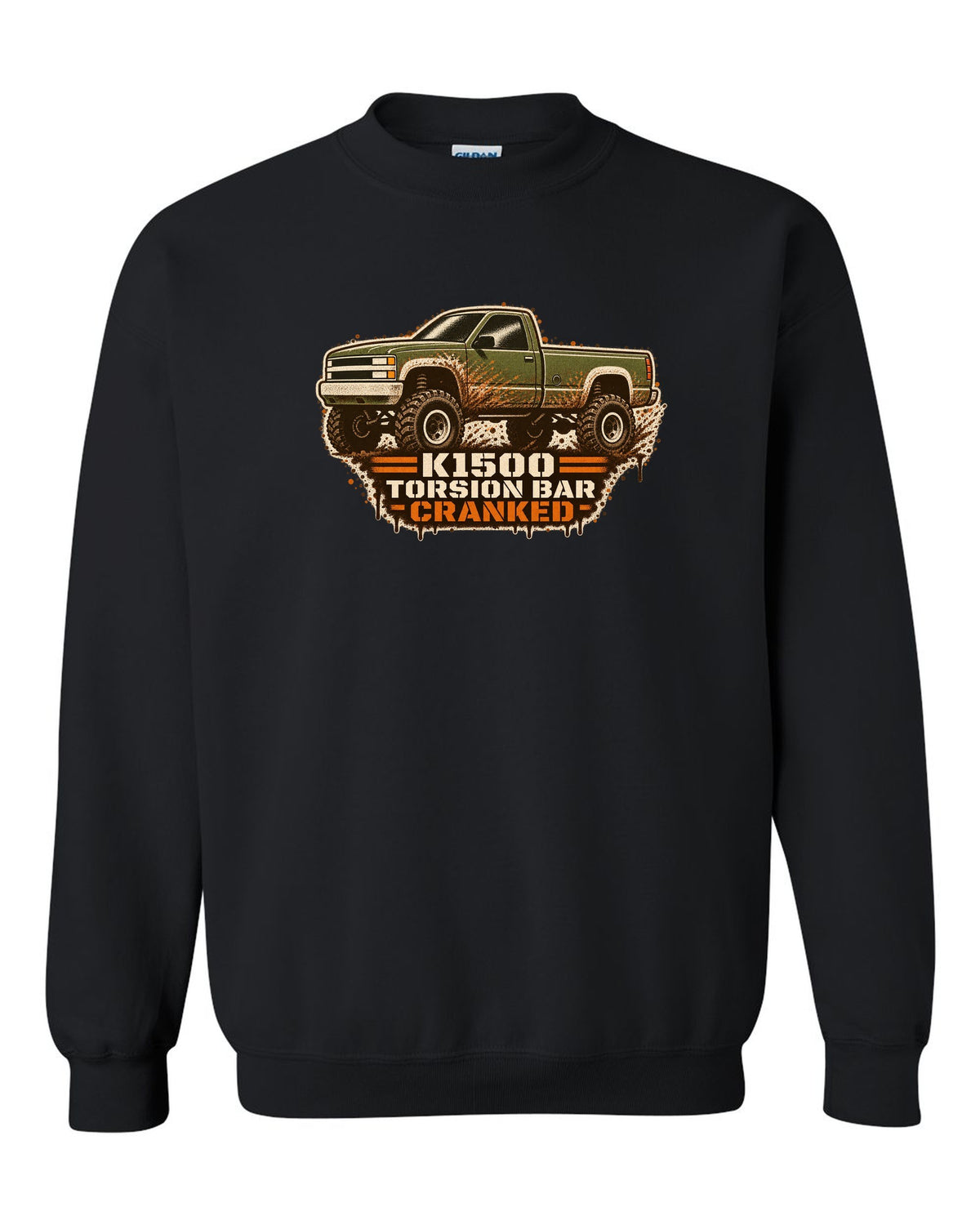 Stencil spray street-art print of a 1988-98 Chevrolet GMT400 K1500 Z71 OBS with torsion bar text black crewneck front view with the design