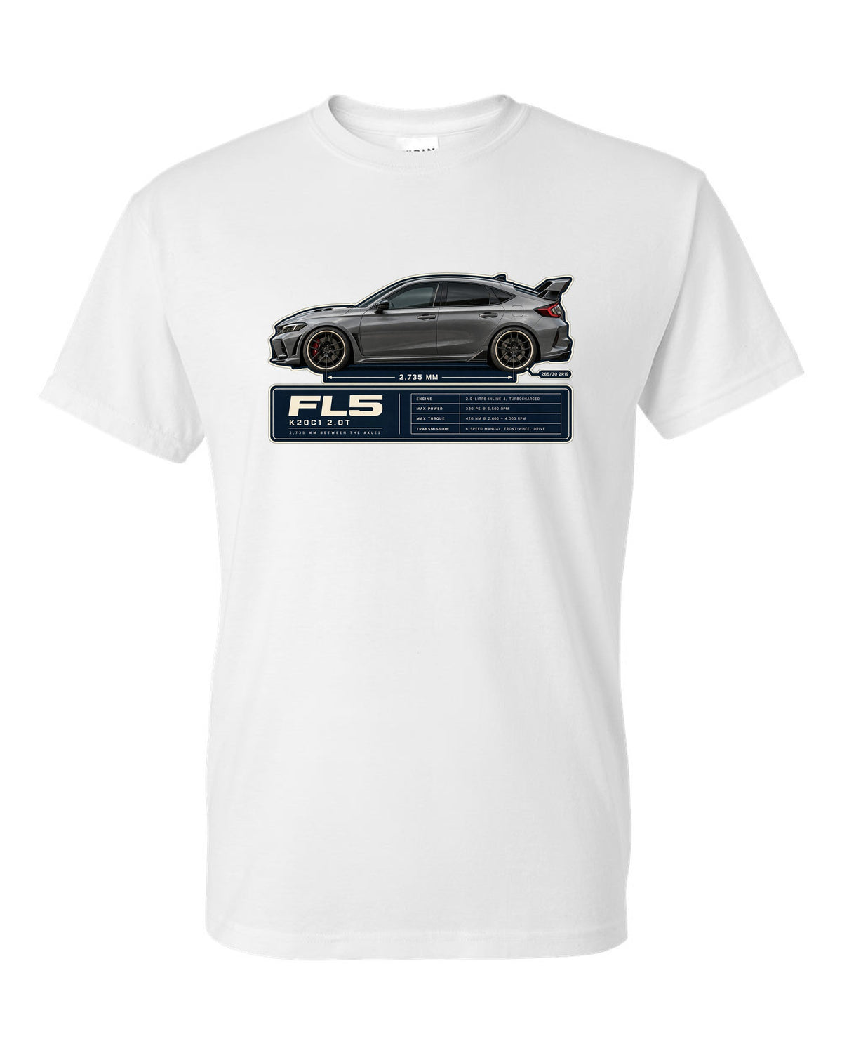 Honda Civic Type R FL5 Wheelbase Blueprint white t-shirt front view with the design