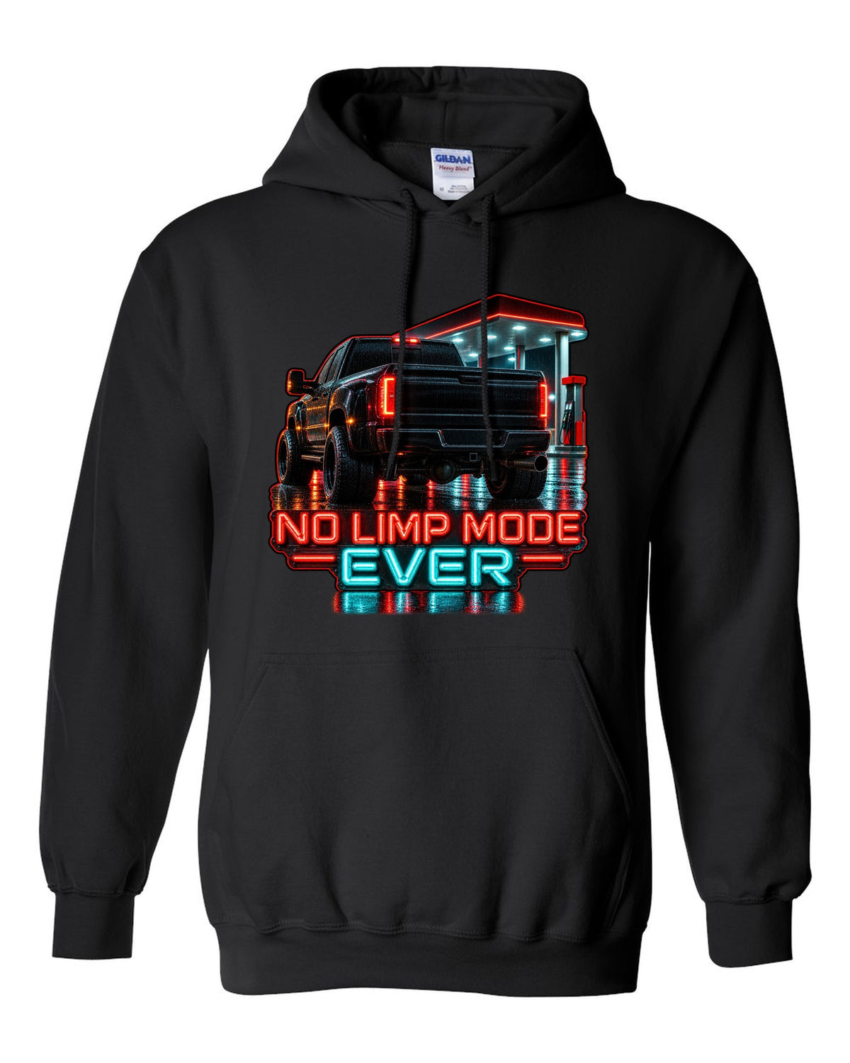 Photoreal night garage taillight print of a 1994-1998 Dodge Ram 2500 12V Cummins with No Limp Mode Ever text black pull over hoodie front view with the design