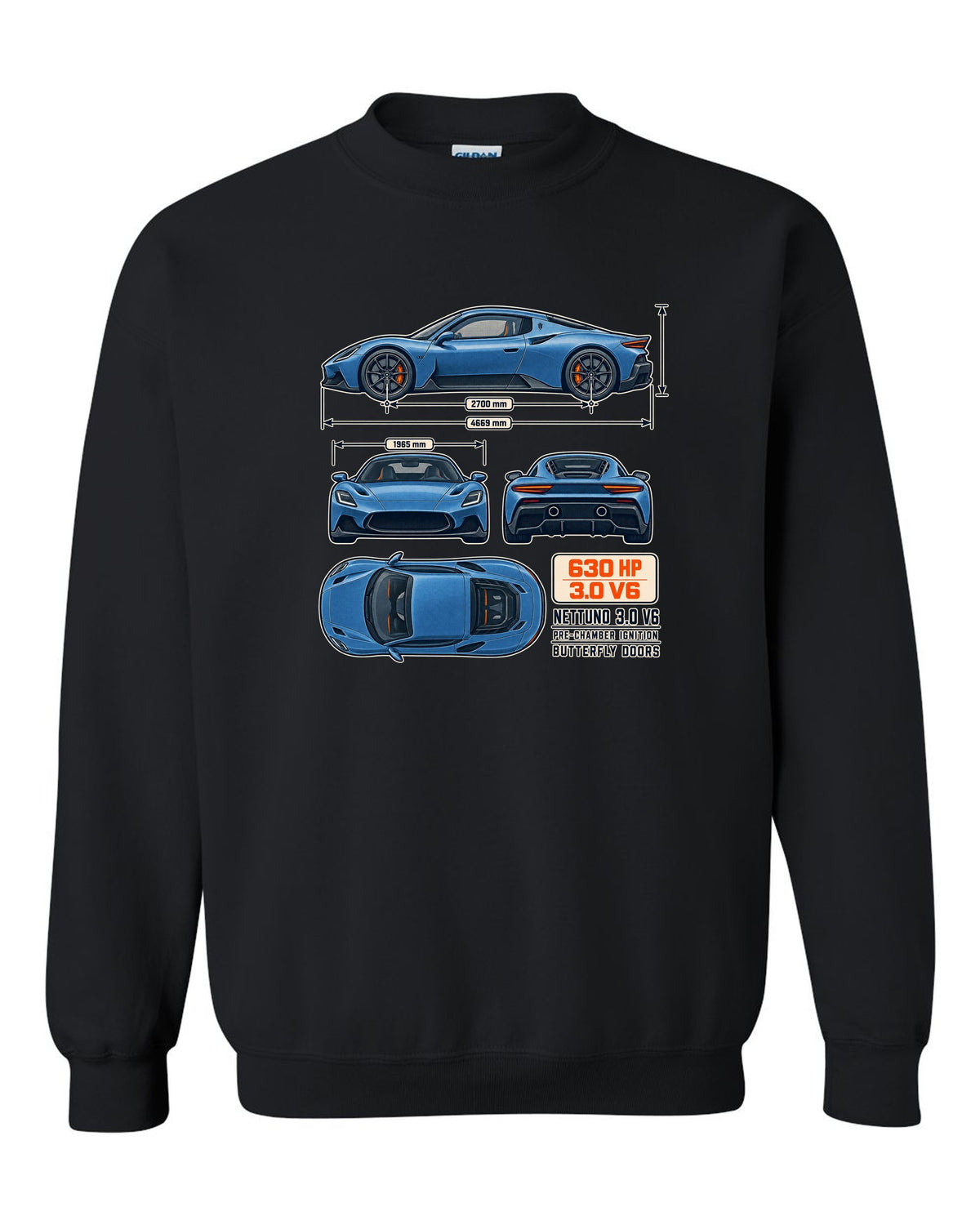 Maserati MC20 dimension blueprint print on a shirt black crewneck front view with the design