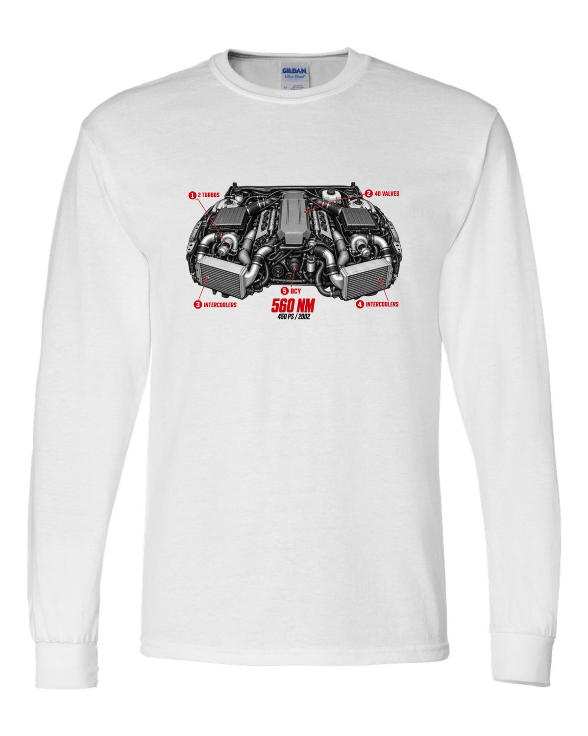 Audi RS6 Avant C5 BCY 4.2 biturbo engine with callouts and spec text white long sleeve front view with the design