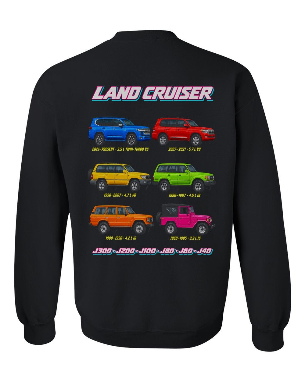 Toyota Land Cruiser evolution poster black crewneck back view with the design