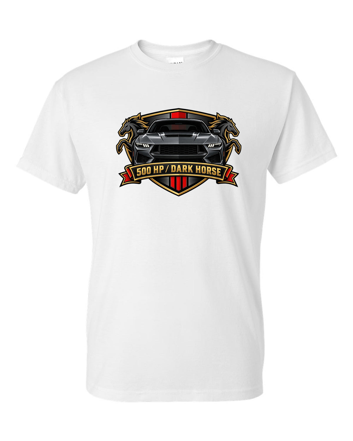 Varsity embroidery-style crest of a 2024 S650 Mustang Dark Horse reading 500 HP white t-shirt front view with the design