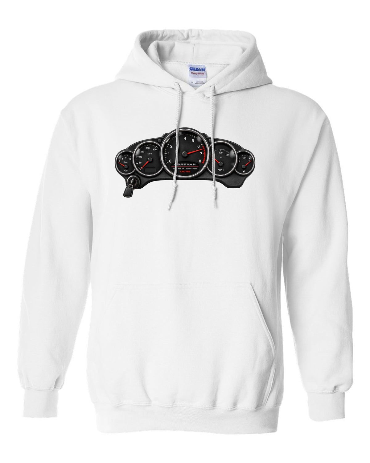 Cockpit gauge print of a Porsche 911 Carrera (996) with the caption Cheapest Way In and 7,300 rpm white pull over hoodie front view with the design