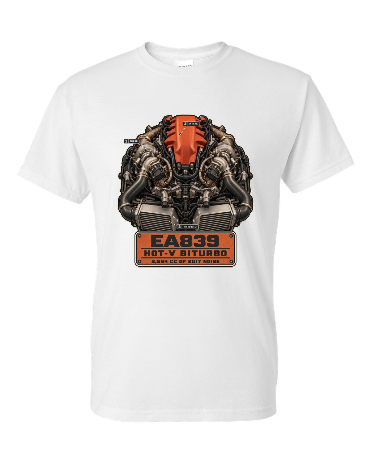 Engine hero poster of the Audi RS5 B9 EA839 hot-V biturbo white t-shirt front view with the design