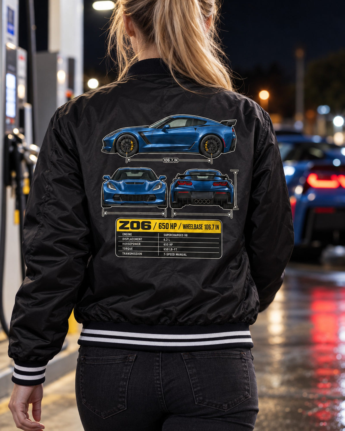 Corvette C7 Z06 Three-View Spec Table Shirt, Car Guy Gift Bomber Jacket Black worn hero