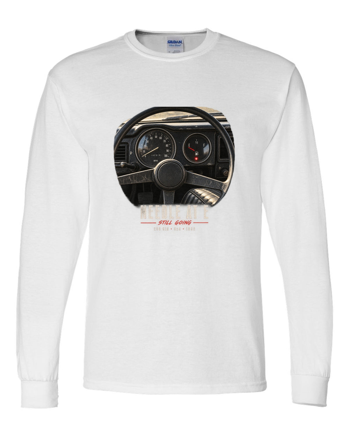 Gauge cockpit print for the Jeep CJ-7, Needle At E Still Going white long sleeve front view with the design