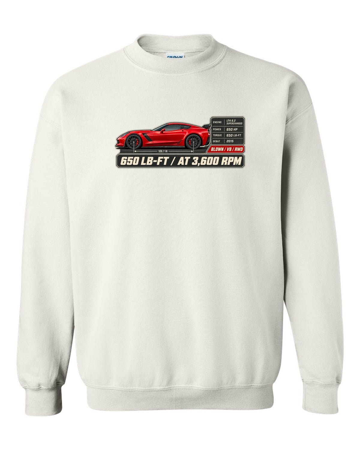 print of a Chevrolet Corvette C7 Z06 spec poster showing 650 lb-ft at 3,600 rpm white crewneck front view with the design