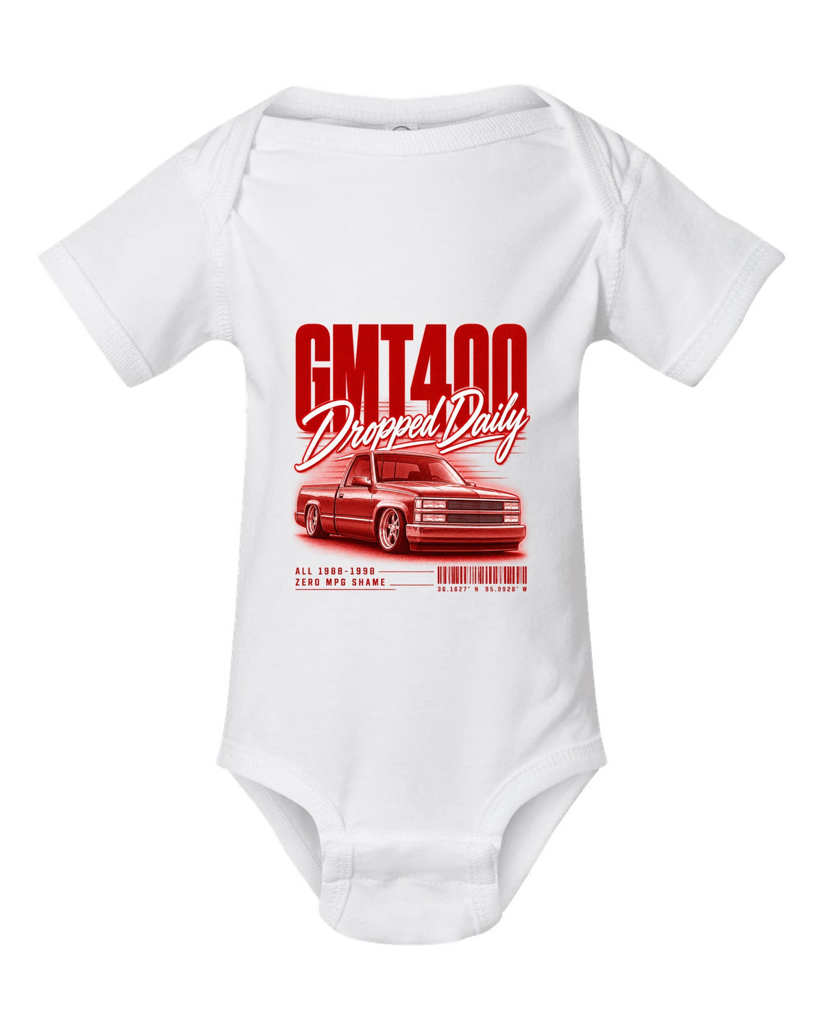 GMT400 OBS regular cab street poster print white baby onesie front view with the design