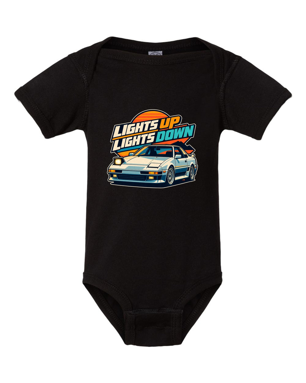 Pixel art of a Toyota AE86 Sprinter Trueno with pop-up headlights raised black baby onesie front view with the design