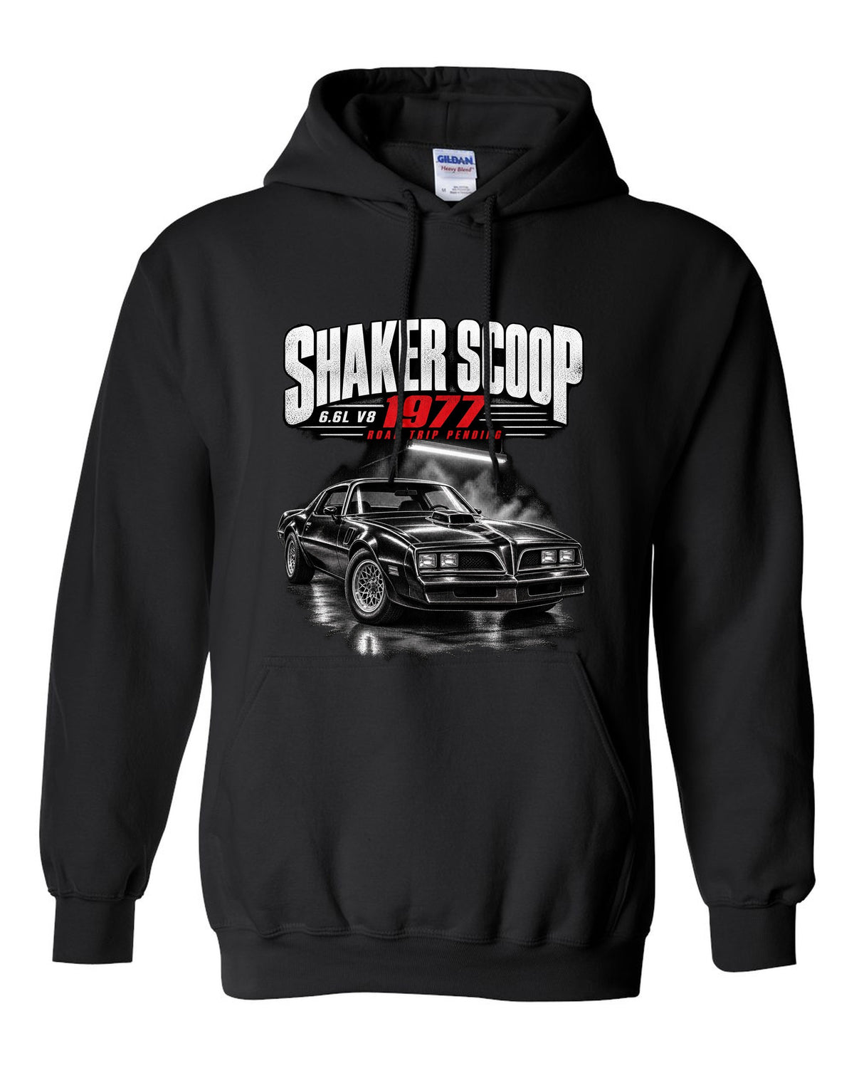 Garage night print of a 1977 Pontiac Firebird Trans Am with shaker scoop black pull over hoodie front view with the design