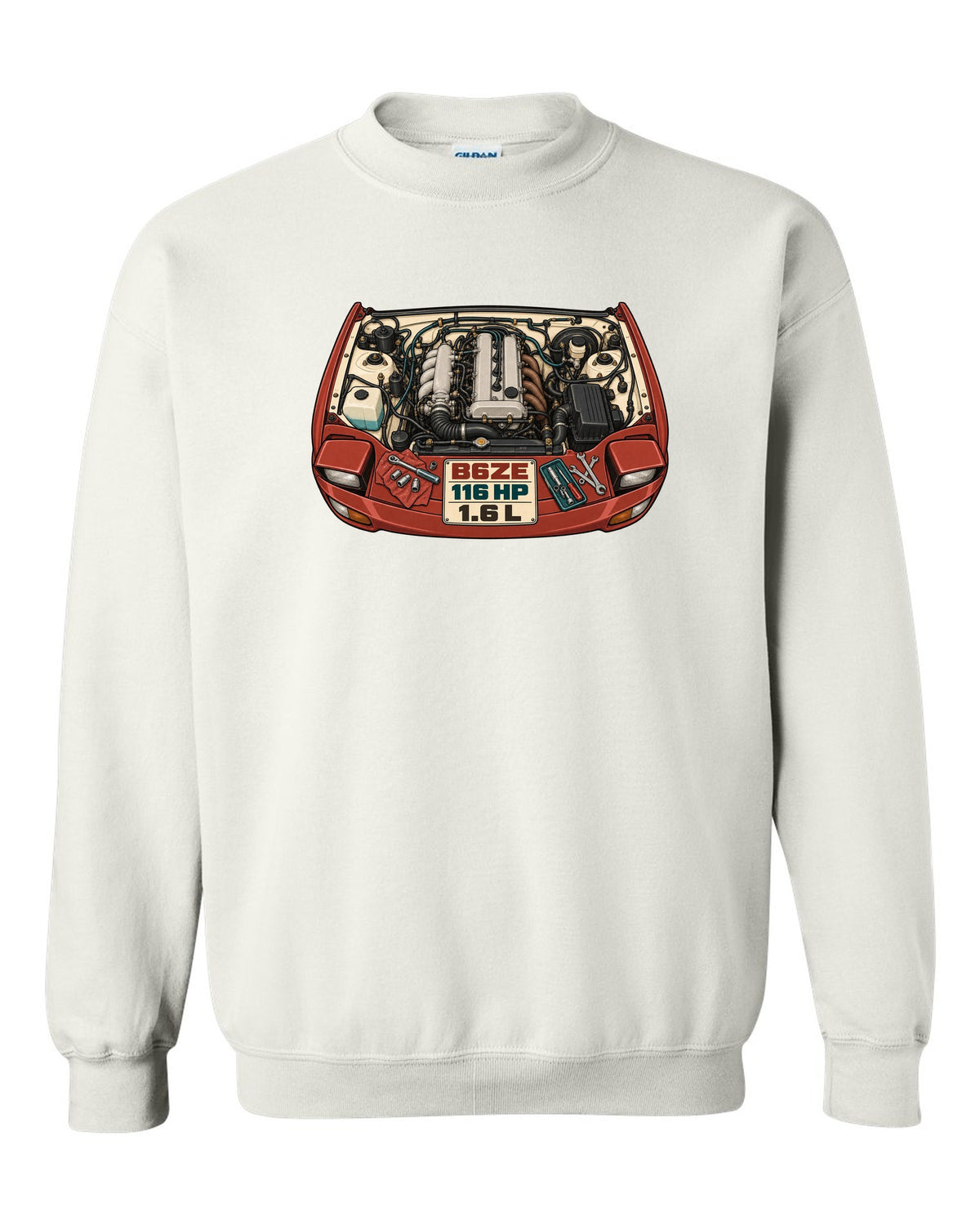 Parts-catalogue illustration of the Mazda MX-5 NA engine bay with B6ZE / 116 HP / 1.6 L lettering white crewneck front view with the design