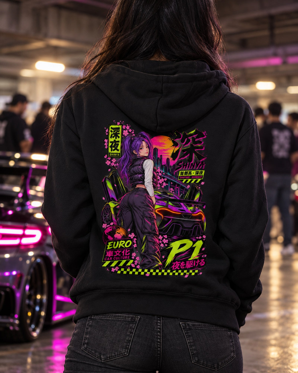 SHINYA P1 Anime Girl Full-Back Graphic Tee Zip Hoodie Black worn hero
