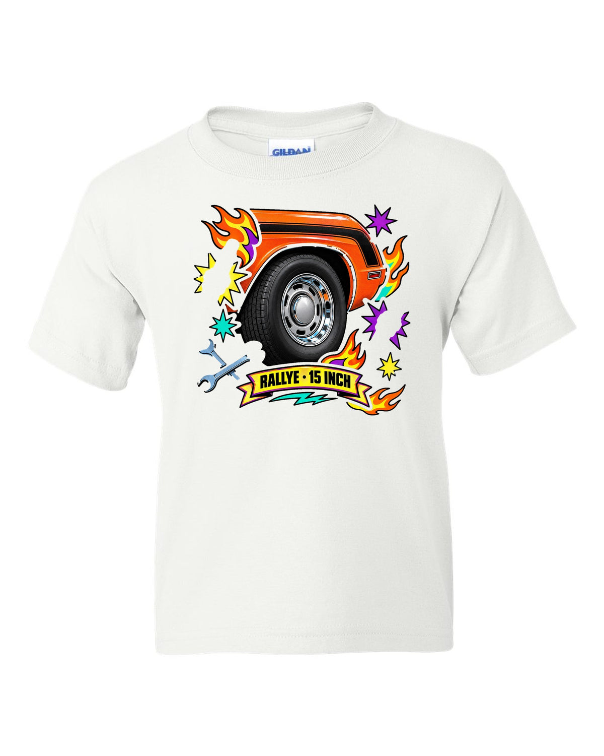 Sticker-bomb collage print of a 1970 Dodge Challenger R/T with Rallye wheel text white kids tee front view with the design