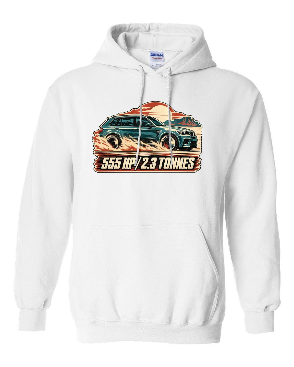 Vintage race poster print of a BMW X5 M E70 with 555 HP lettering white pull over hoodie front view with the design