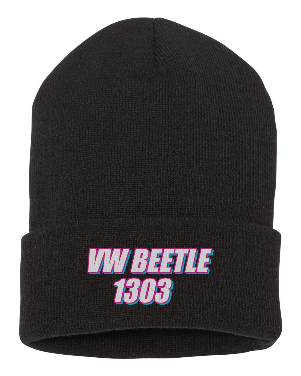 Vw Beetle 1303 black beanie front view with car name