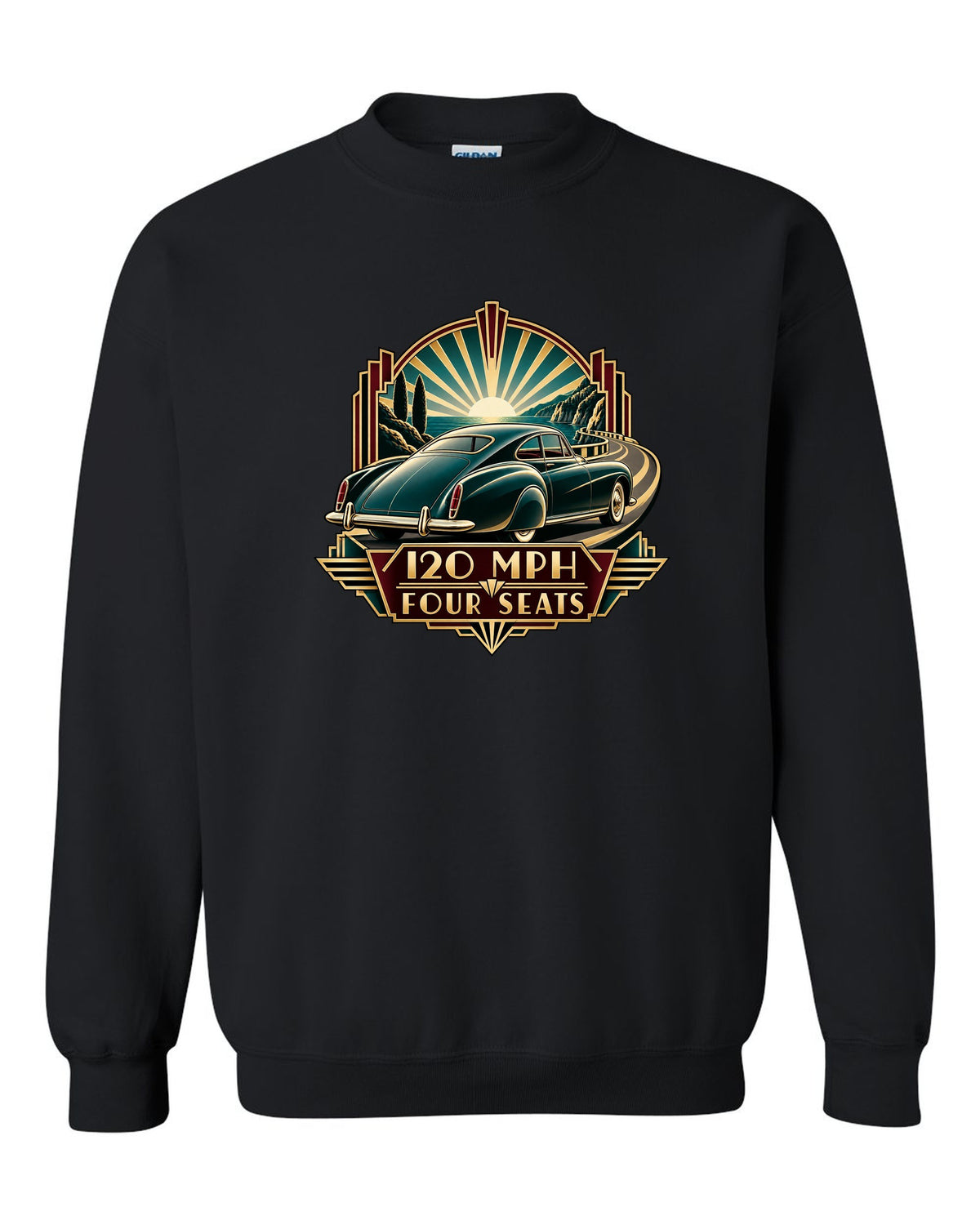 Synthwave outrun print of a 1982 Bentley Mulsanne Turbo with 120 mph and four seats lettering black crewneck front view with the design