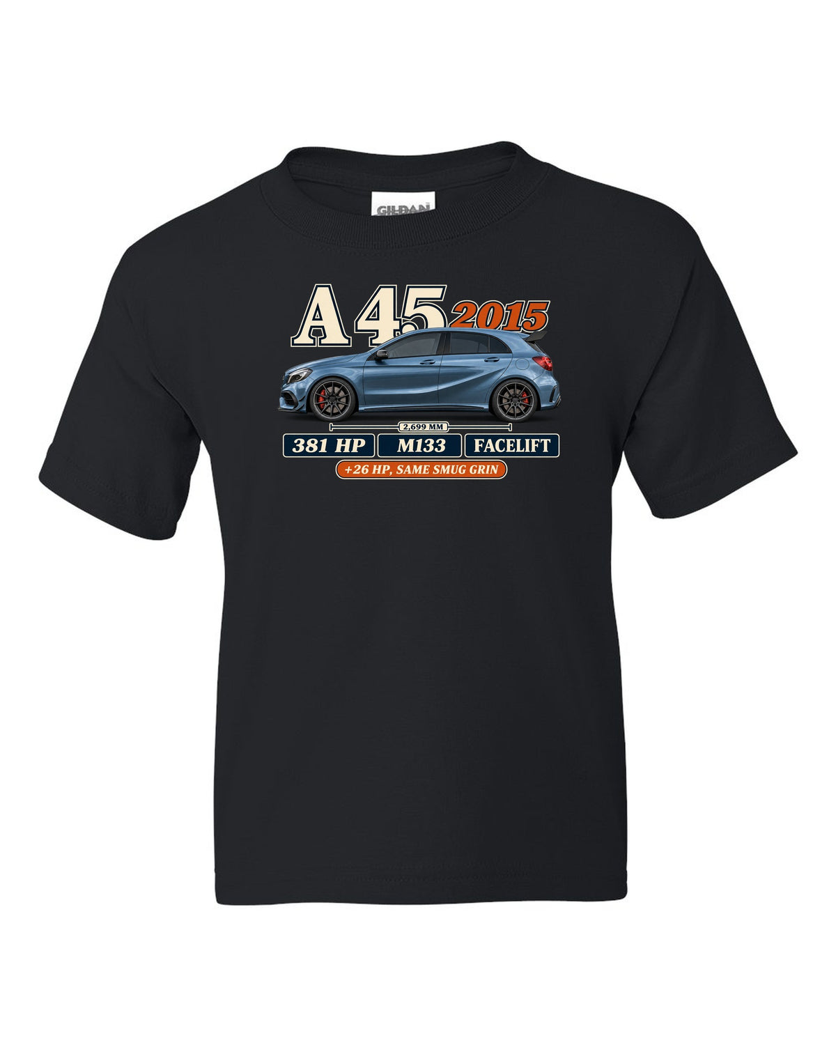 Mercedes-AMG A45 W176 facelift 2015 archive panel print black kids tee front view with the design