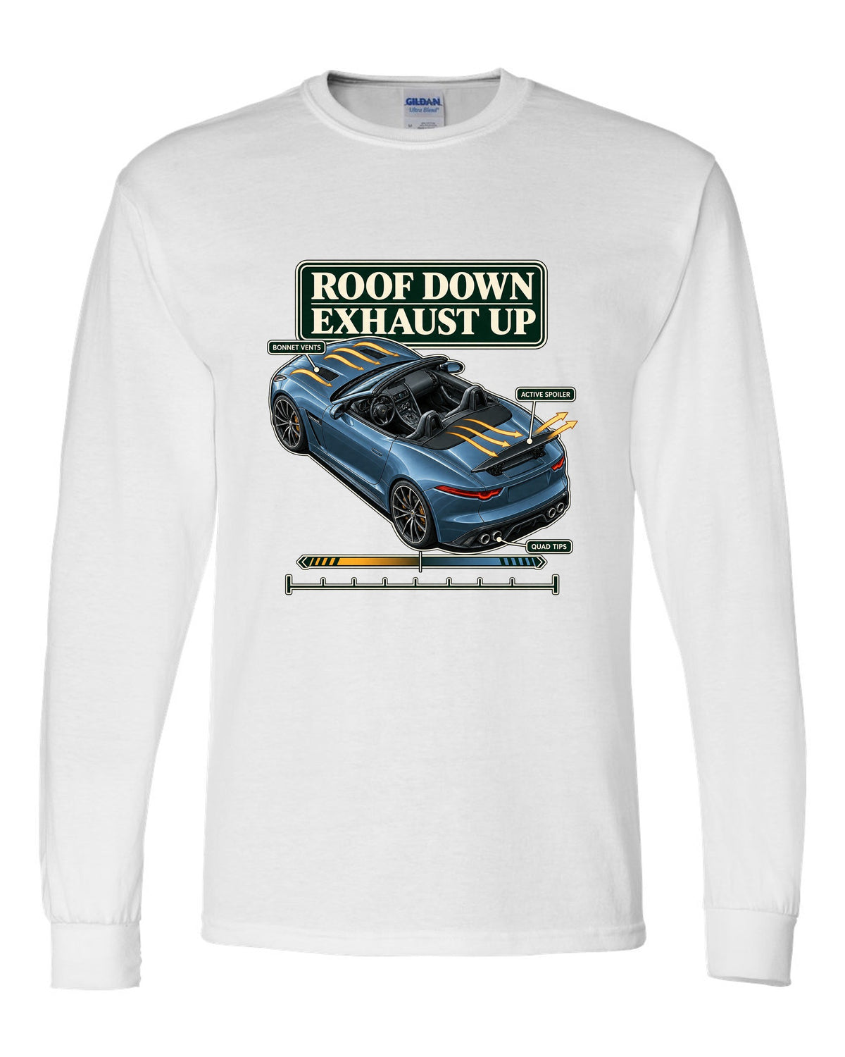 Aero cutaway callout print of the Jaguar F-Type R Convertible with roof down exhaust up text white long sleeve front view with the design