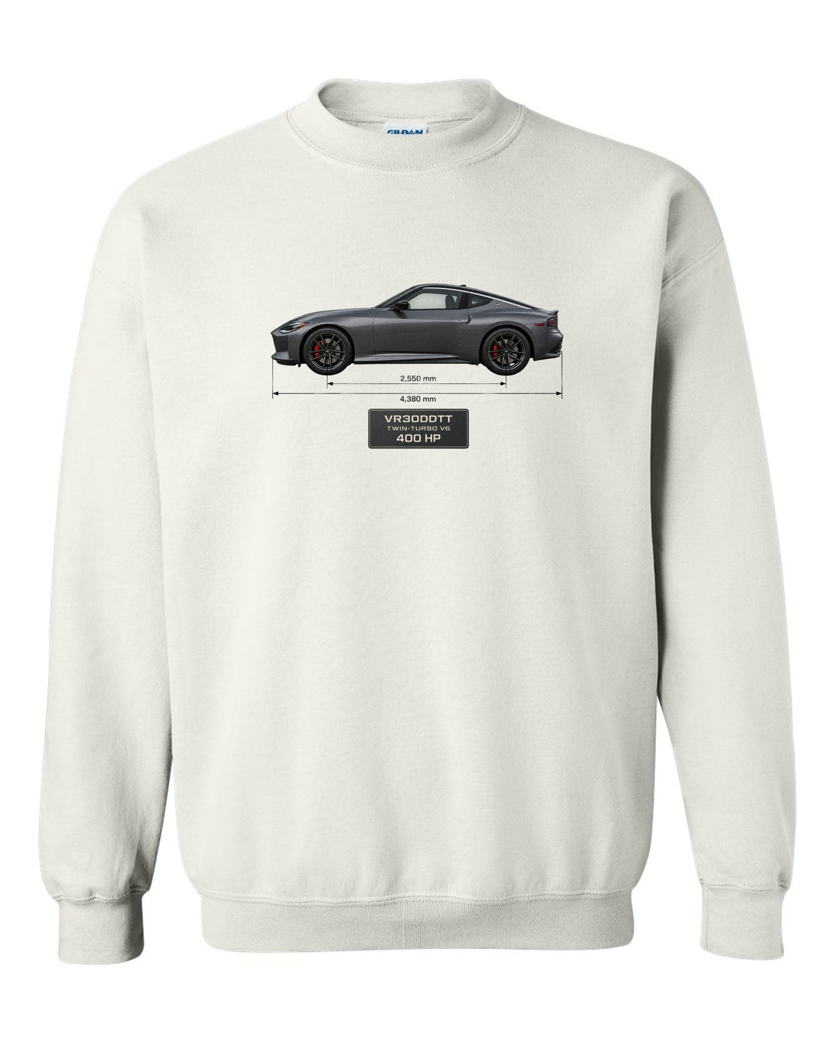 2024 Nissan Z NISMO dossier panels showing 420 hp and 384 lb-ft white crewneck front view with the design