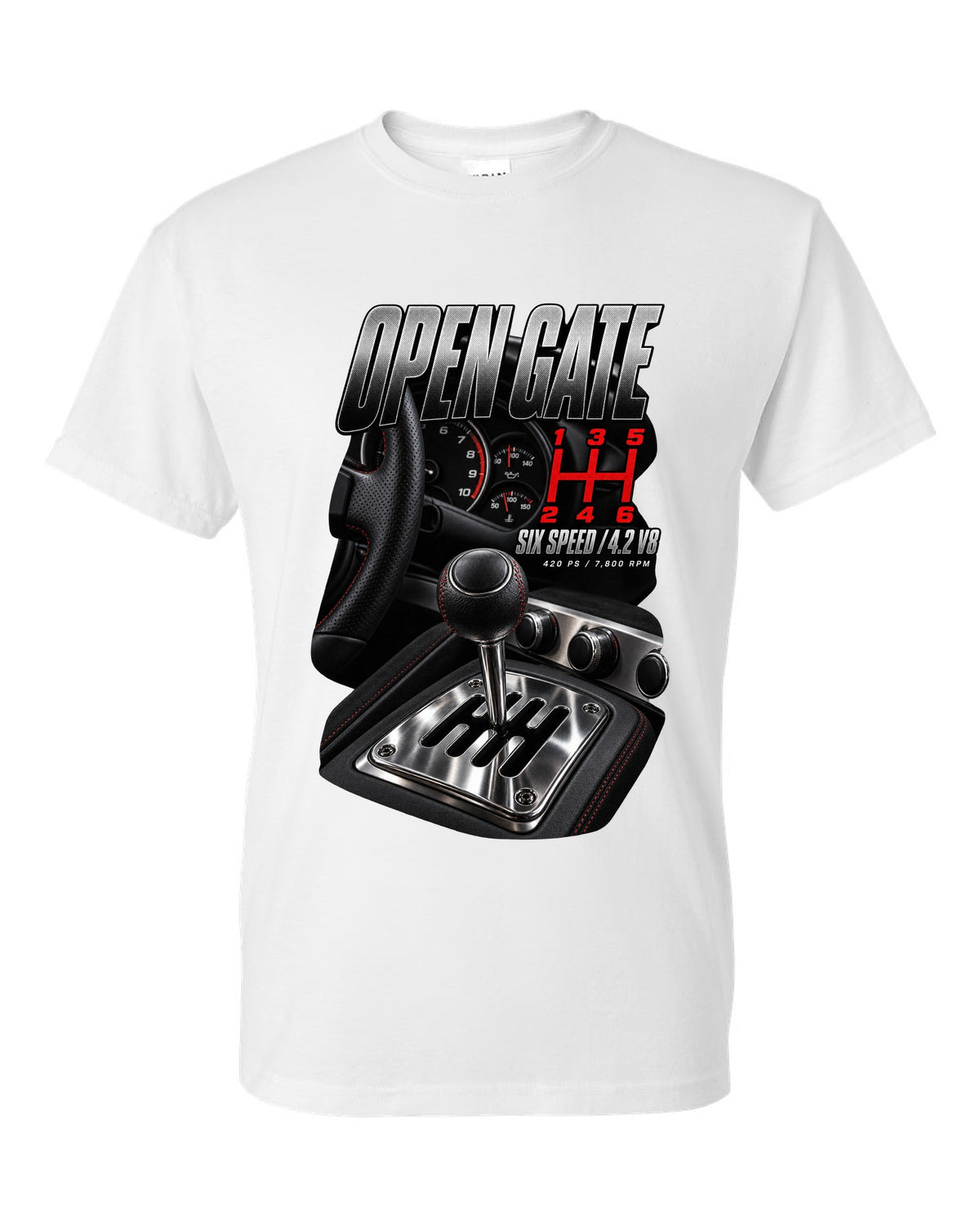 Audi R8 Type 42 V8 open gate six-speed shifter macro design white t-shirt front view with the design