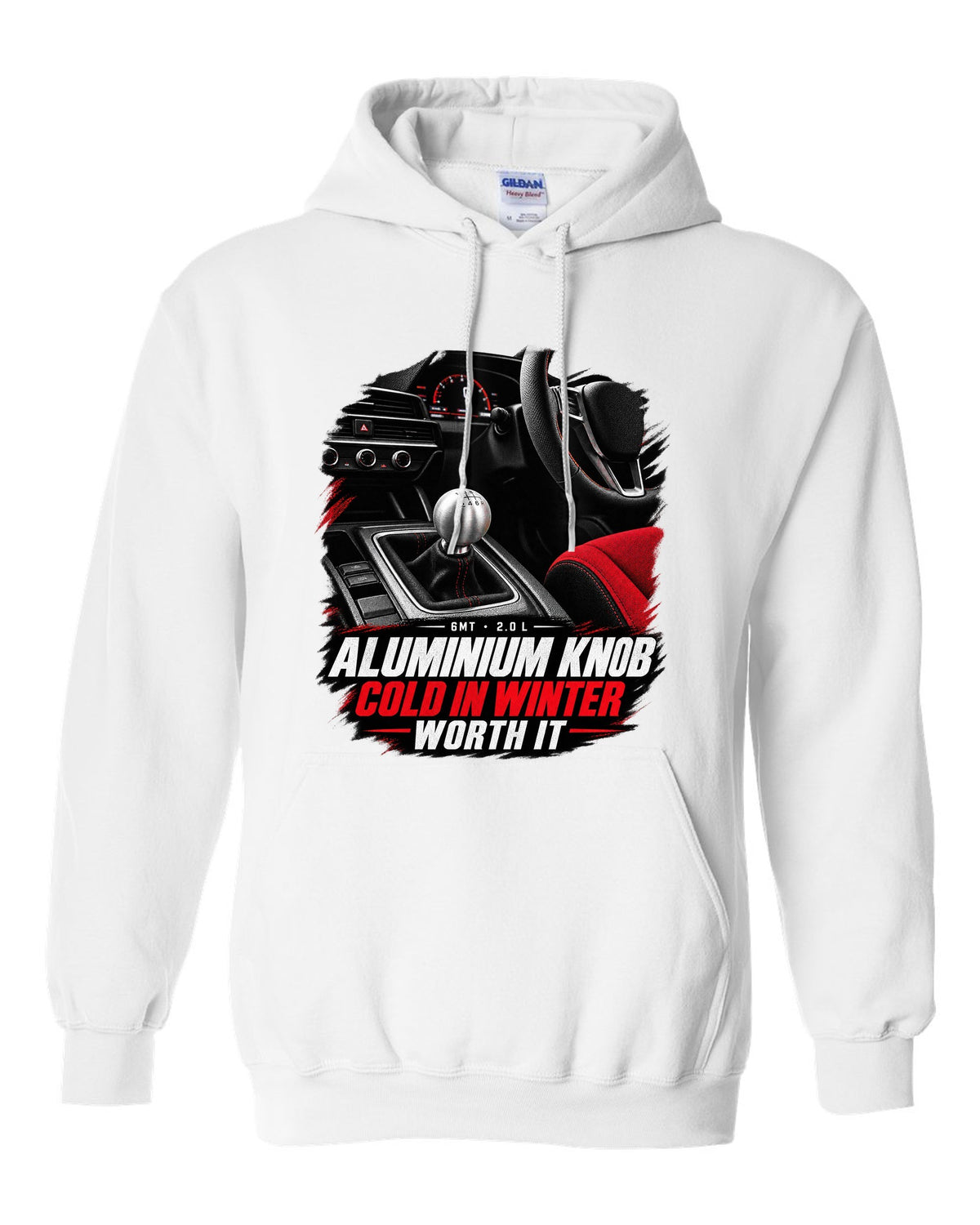 Honda Civic FL5 cockpit gauge design with aluminium shift knob text white pull over hoodie front view with the design