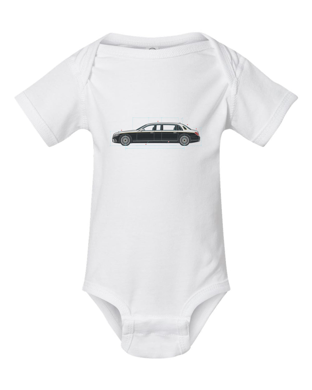 Maybach 62 S W240 Limousine Side Blueprint Tee white baby onesie front view with the design