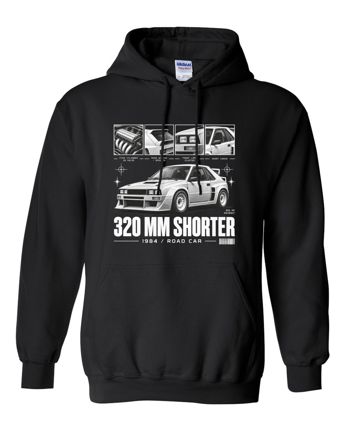 Audi Sport Quattro SWB 1984 Dossier black pull over hoodie front view with the design