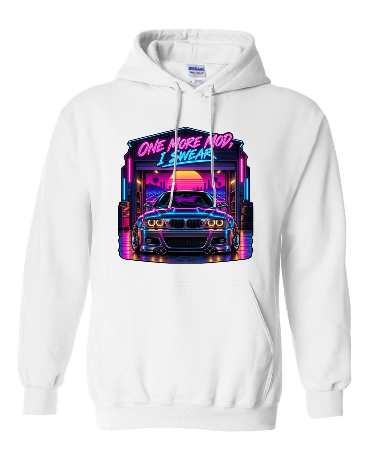 Synthwave outrun print of a BMW E46 M3 coupe with one more mod I swear text white pull over hoodie front view with the design