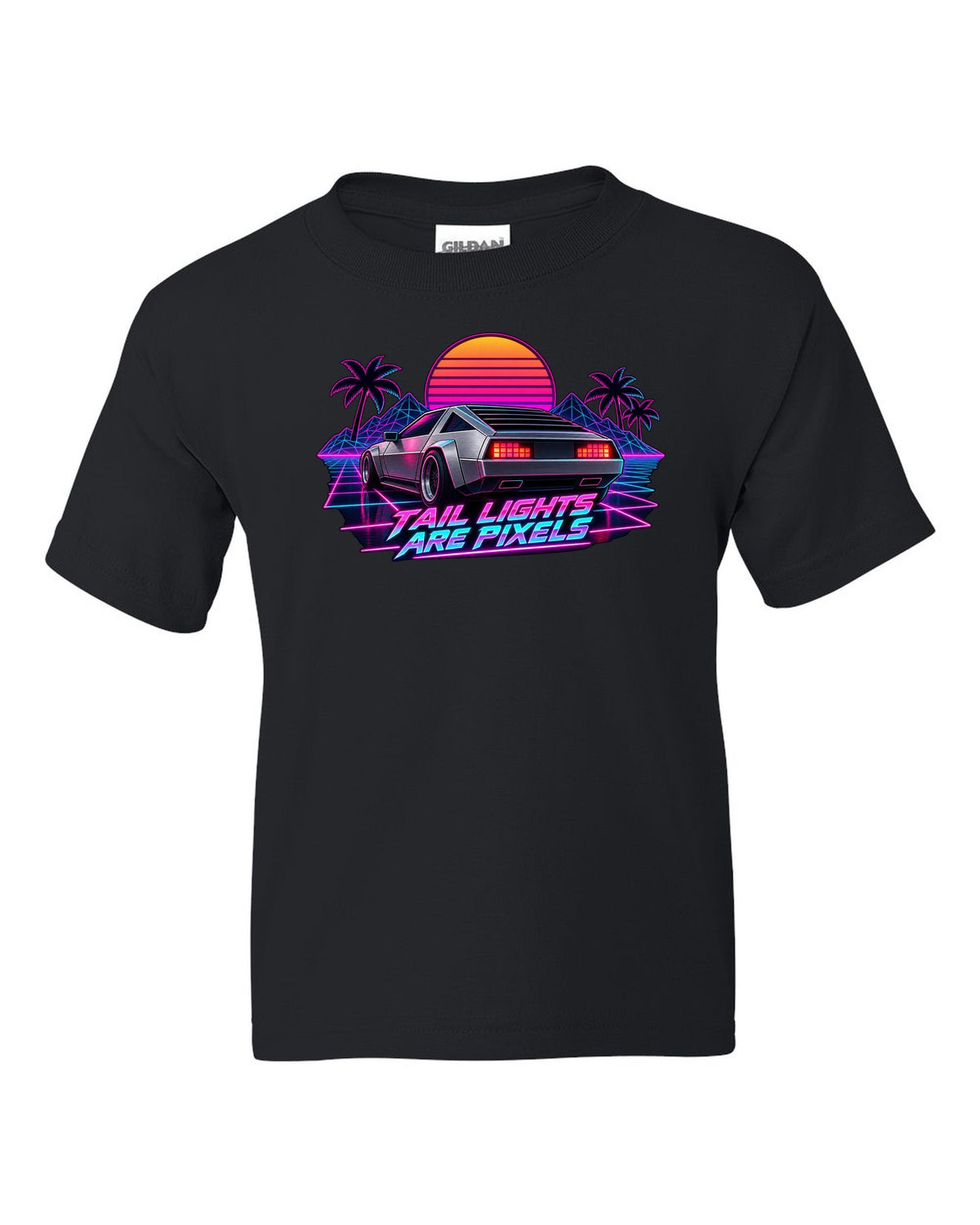Synthwave outrun print of the Hyundai N Vision 74 concept with pixel tail lights text black kids tee front view with the design