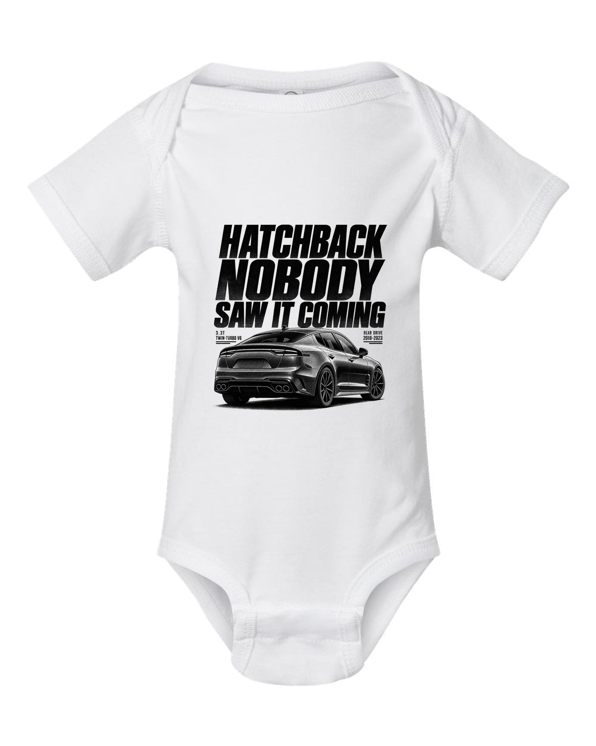 Halftone print of a Kia Stinger GT CK rear three-quarter low angle with chback text white baby onesie front view with the design