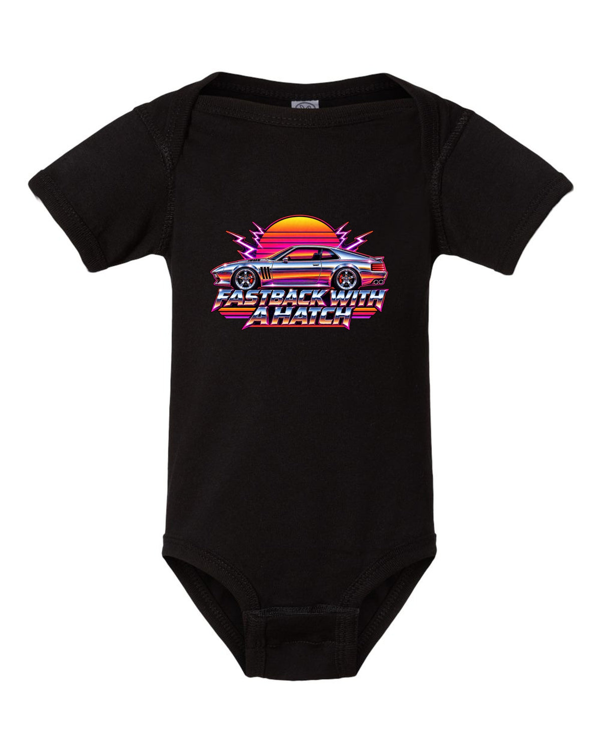 Kia Stinger GT CK 80s airbrush chrome sunset print with fastback with a ch text black baby onesie front view with the design