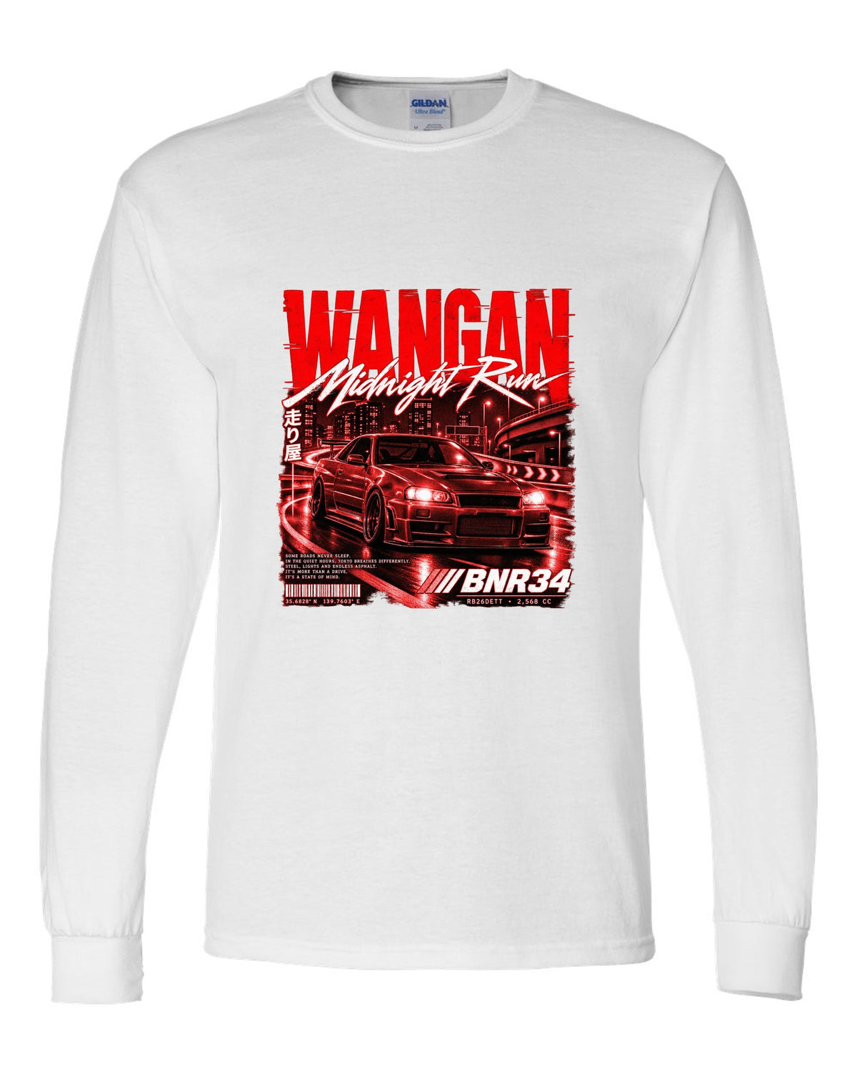 Street poster print of a Nissan Skyline GT-R R34 BNR34 with Wangan Midnight Run text white long sleeve front view with the design