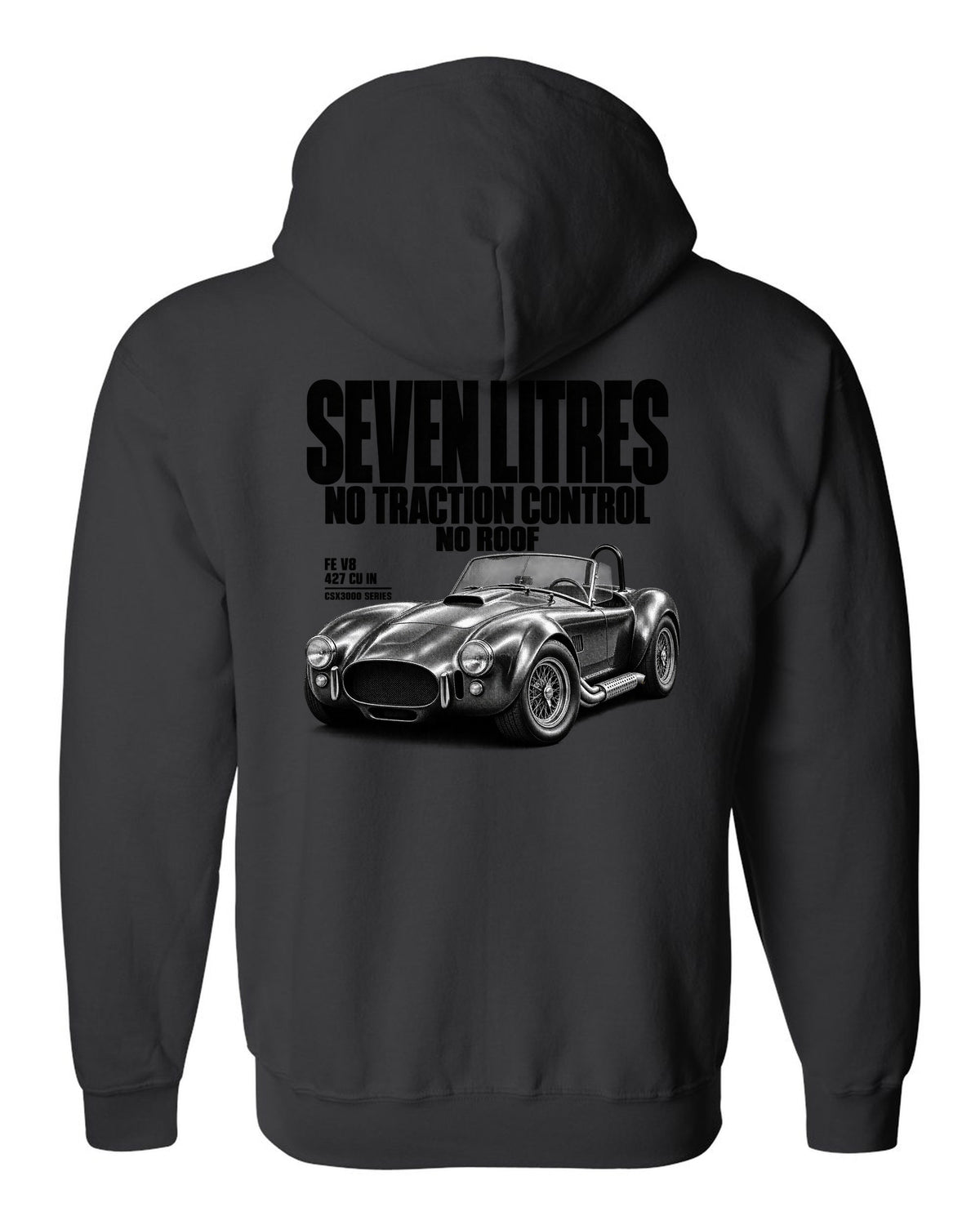 Shelby Cobra 427 Side-Oiler Halftone black zip hoodie back view with the design