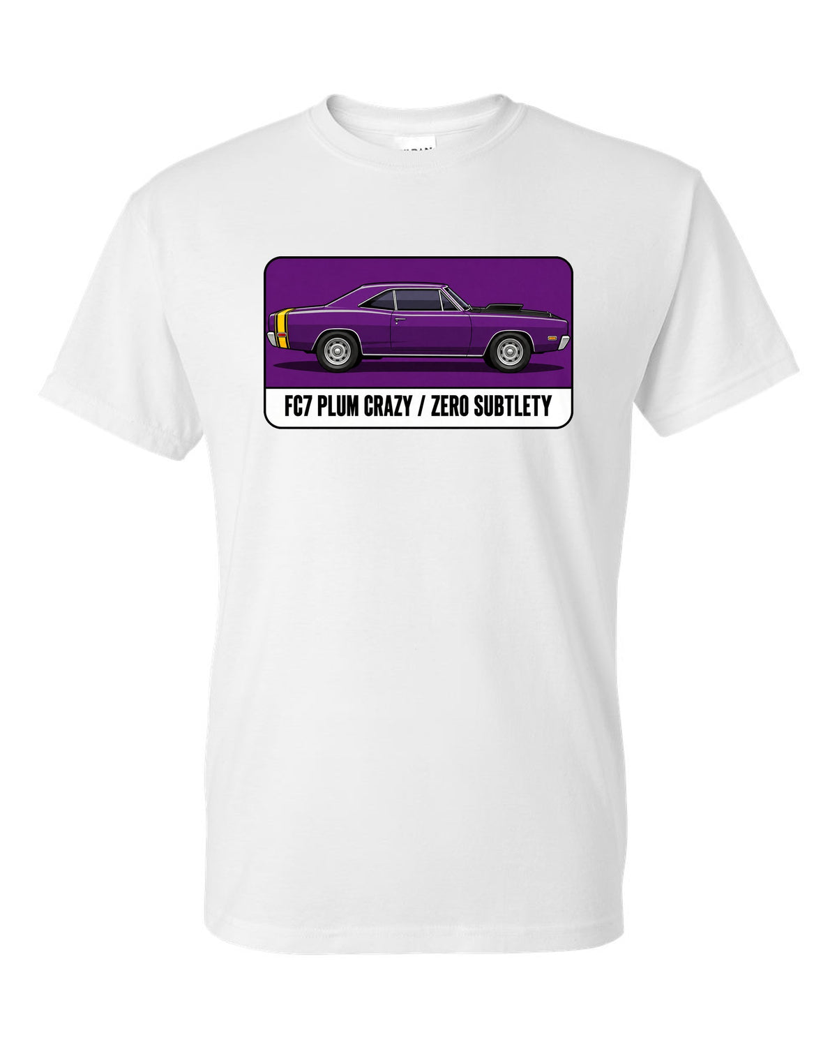 Pantone-style swatch print of a 1969 Dodge Coronet Super Bee in Plum Crazy white t-shirt front view with the design