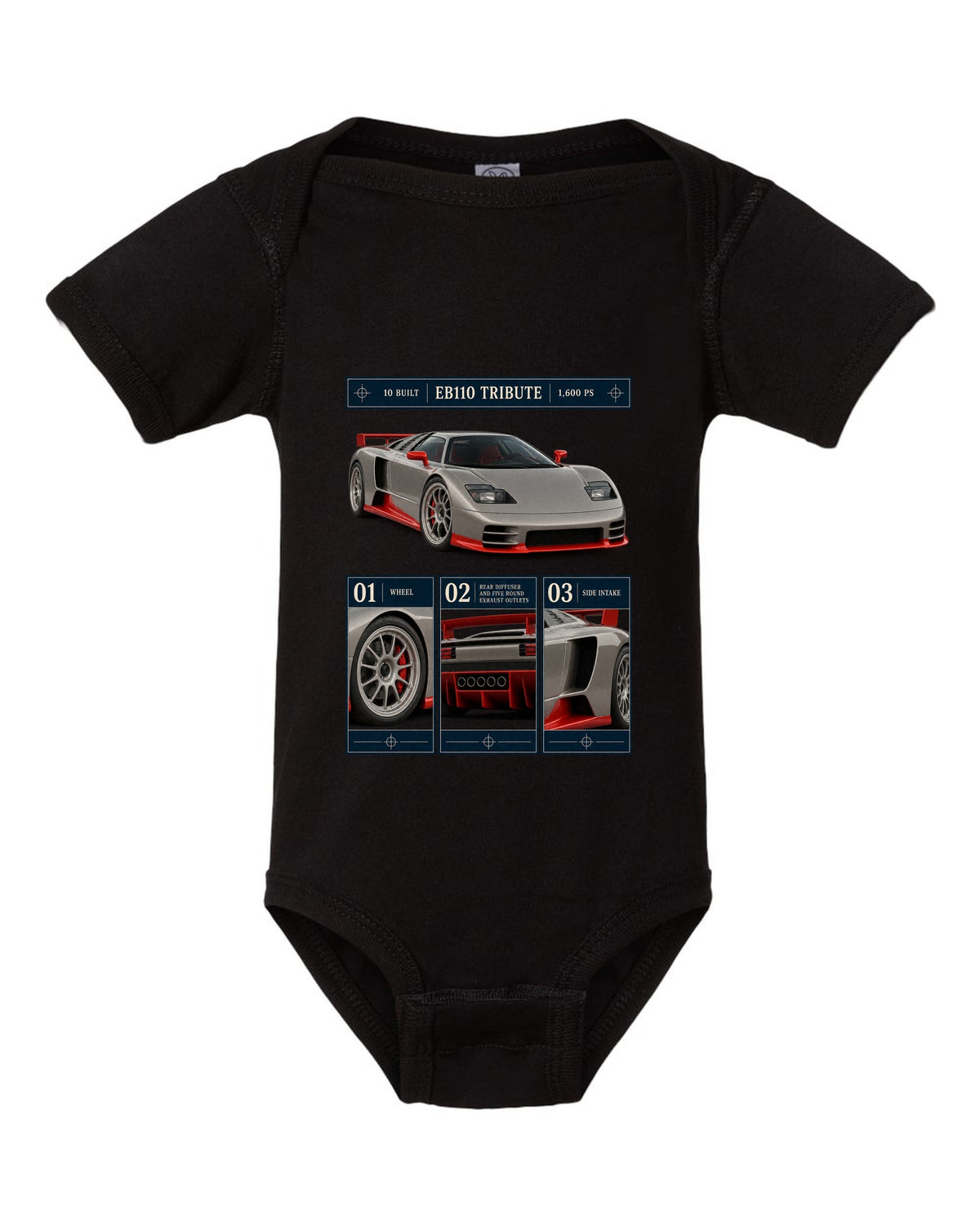 Bugatti Centodieci dossier panel print noting EB110 tribute and 10 built black baby onesie front view with the design