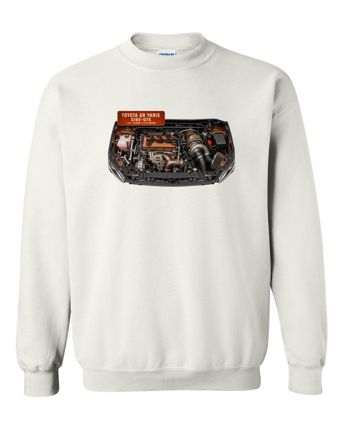 Toyota GR Yaris G16E-GTS three-cylinder turbo engine bay illustration white crewneck front view with the design