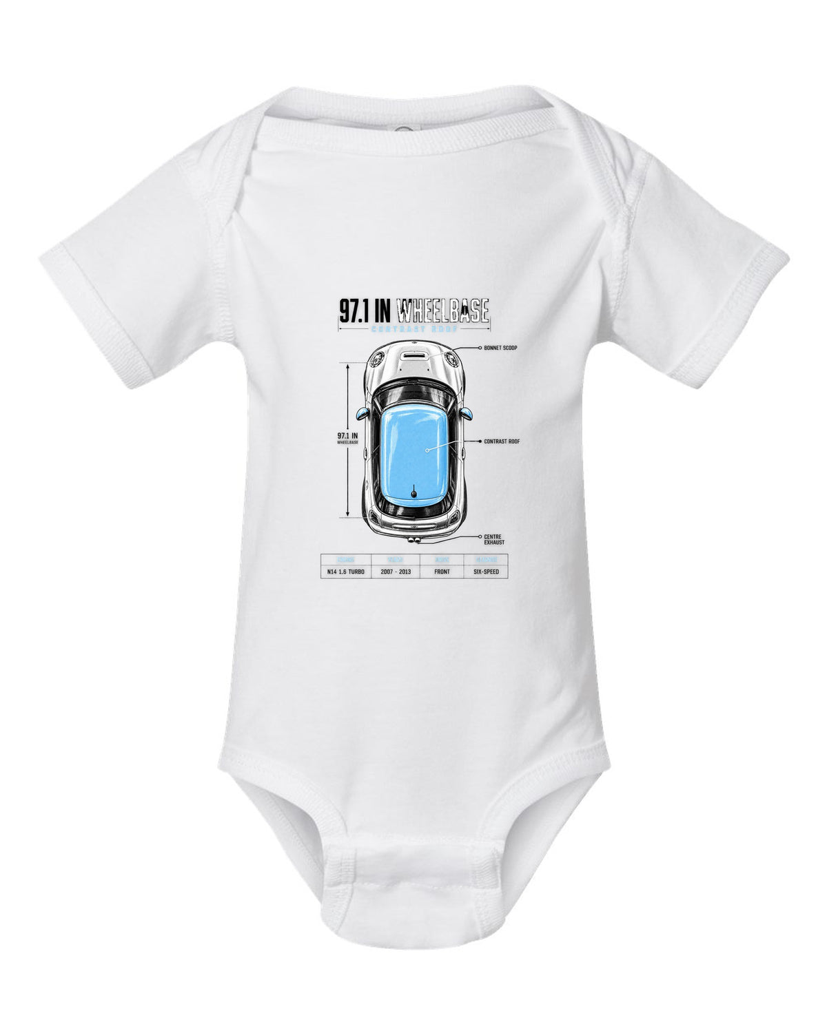 Top-down plan view of a Mini Cooper S R56 on a spec poster print with wheelbase text white baby onesie front view with the design